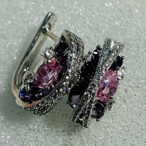Pink Purple Amethyst Huggie Hoop Earrings CZ  Diamond Pave Crossover